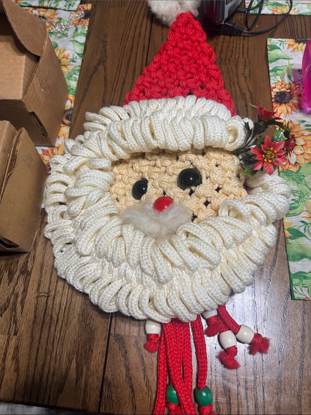Handmade Crochet Santa Face Wall Hanging - Cream & Red